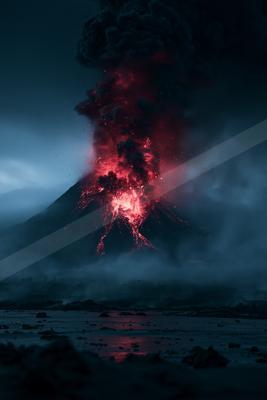 A black-toned moody photograph of volcano, geyser, mountain tent.