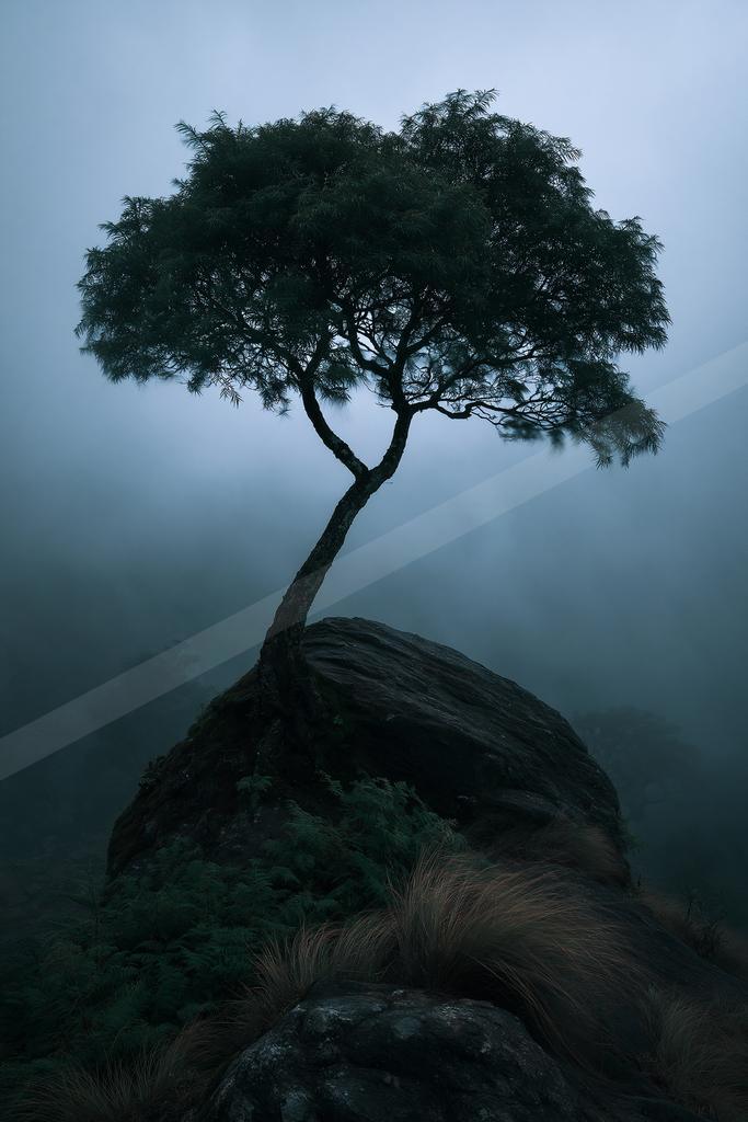 A black-toned moody photograph of cliff, valley, lakeside.