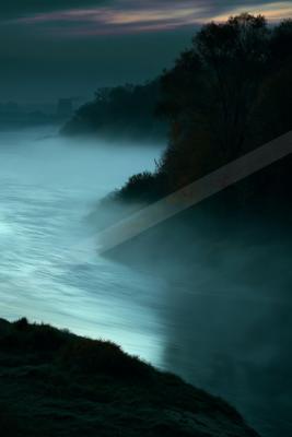 A serene water scene of river, waterfall, valley.