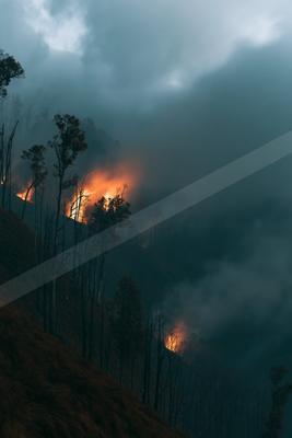 A forest fire rages through a misty landscape with tall trees silhouetted against the fiery glow, creating an eerie atmosphere.
