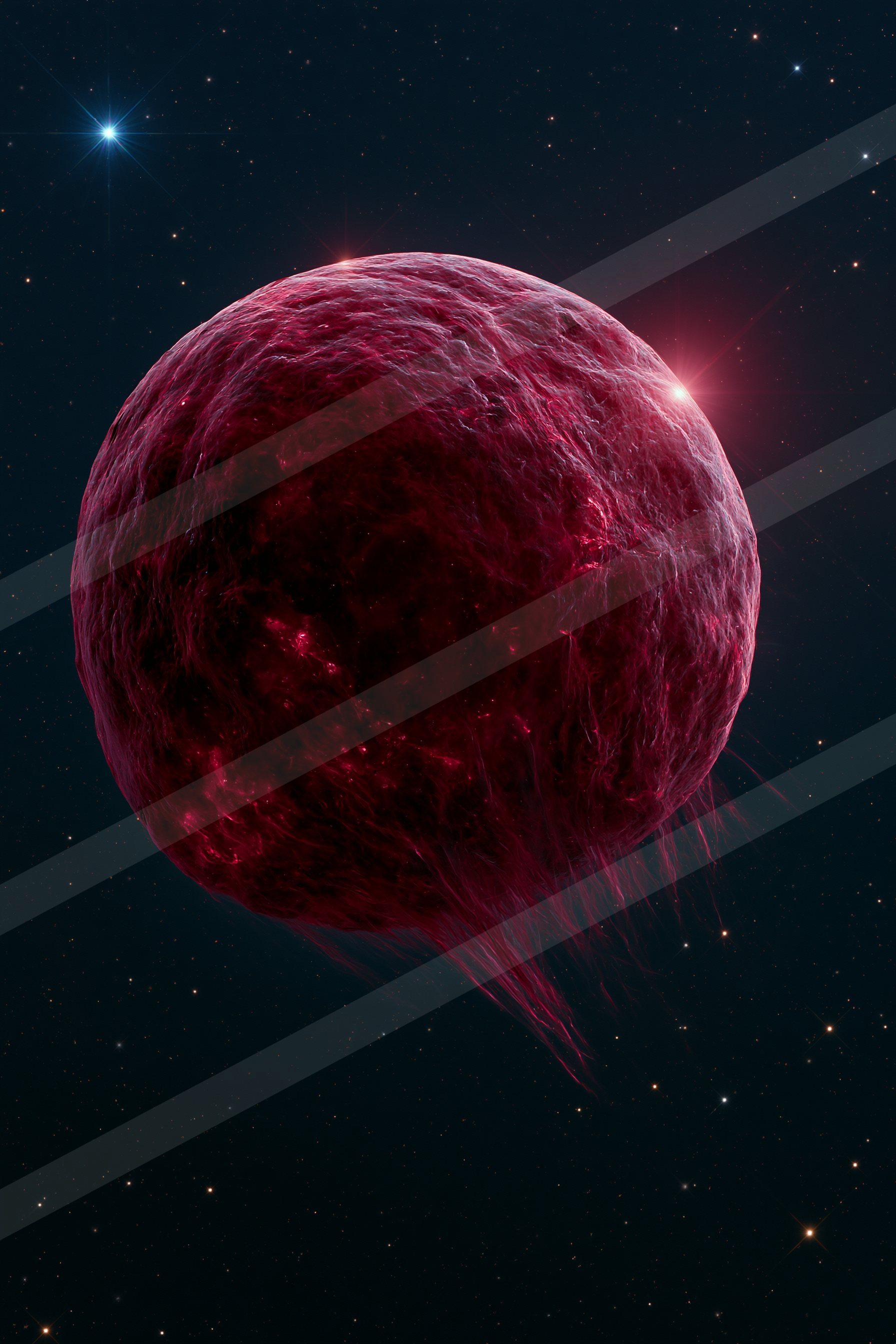 A vibrant red celestial object with glowing highlights and wispy trails set against a star-filled night sky.
