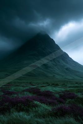 A towering mountain peak shrouded in dark, heavy storm clouds rises above a foreground of vibrant purple heather and green moorland.