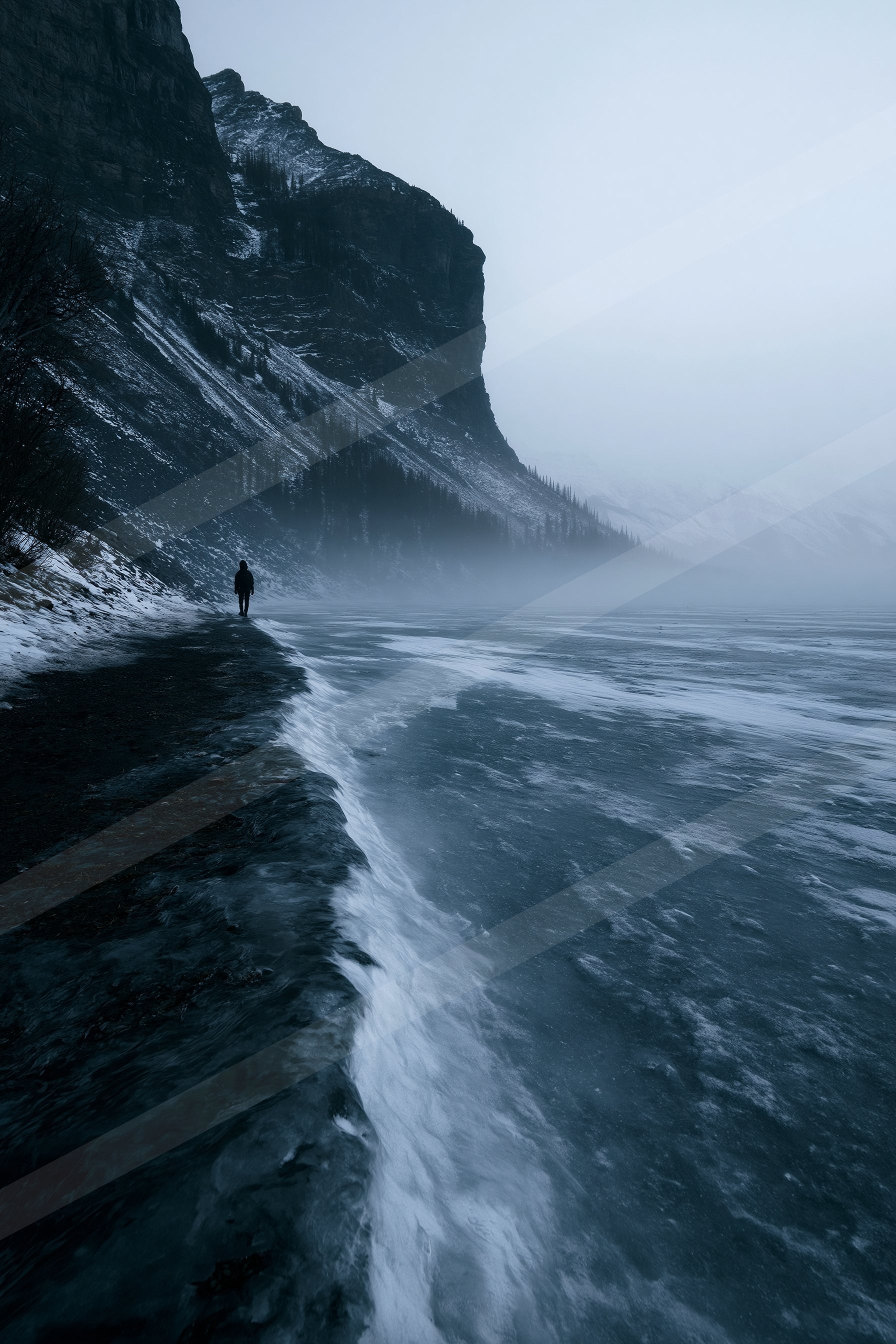 A mysterious water scene of an ocean, fog.