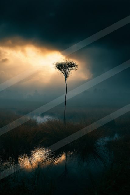 A dramatic water scene of a wetland, reflection.