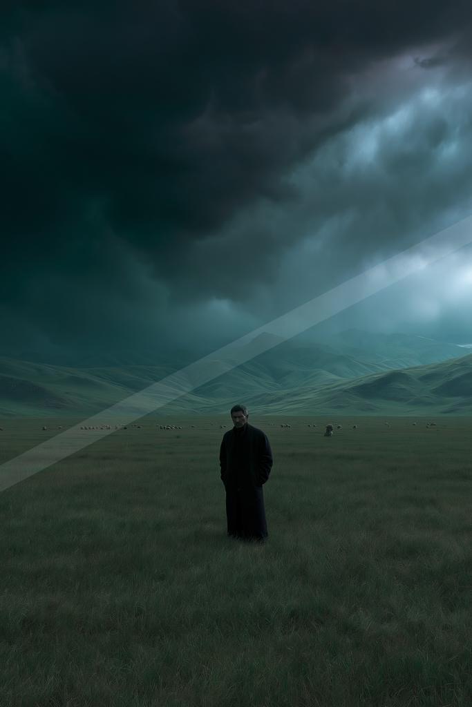 A solitary man wearing a long black coat stands in the middle of a wide grassy plain under a sky filled with dark, ominous storm clouds, with rolling green hill