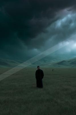 A solitary man wearing a long black coat stands in the middle of a wide grassy plain under a sky filled with dark, ominous storm clouds, with rolling green hill
