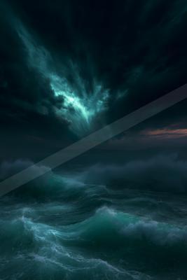 A night water scene of ocean, storm.