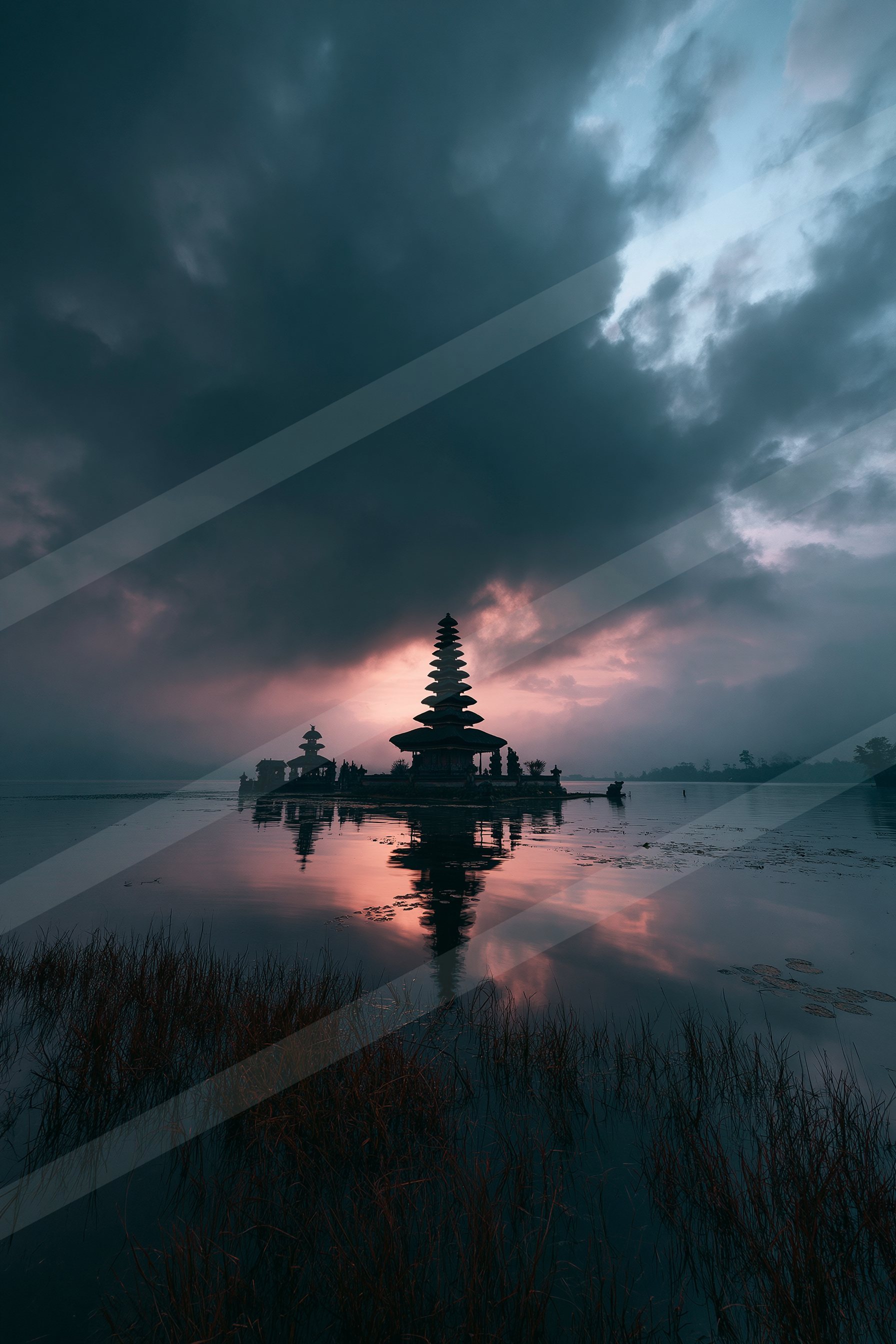 A serene water scene of a lake, reflection.