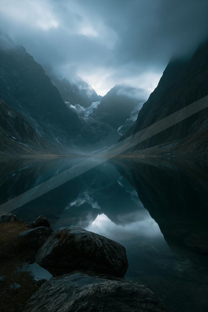 A dramatic long exposure water scene of lake, mountains, reflection.