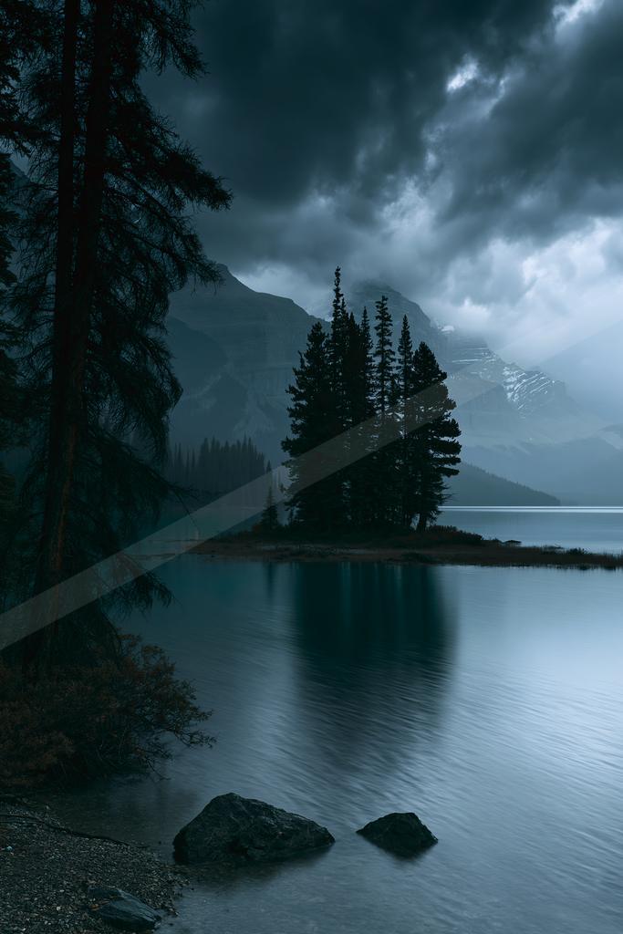 A night water scene of lake, storm, mountains.
