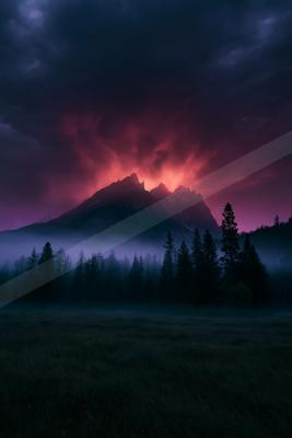 A dramatic landscape of mountains, sunrise, storm.