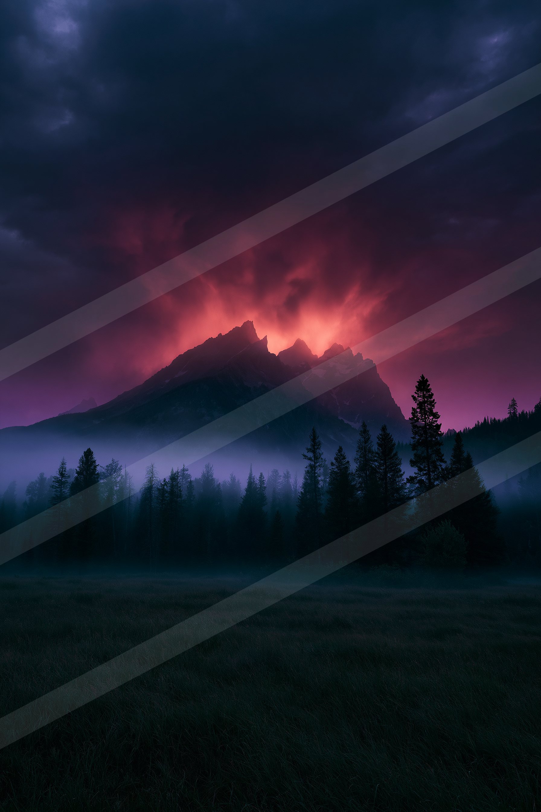 A dramatic panorama landscape of a volcano, fog.