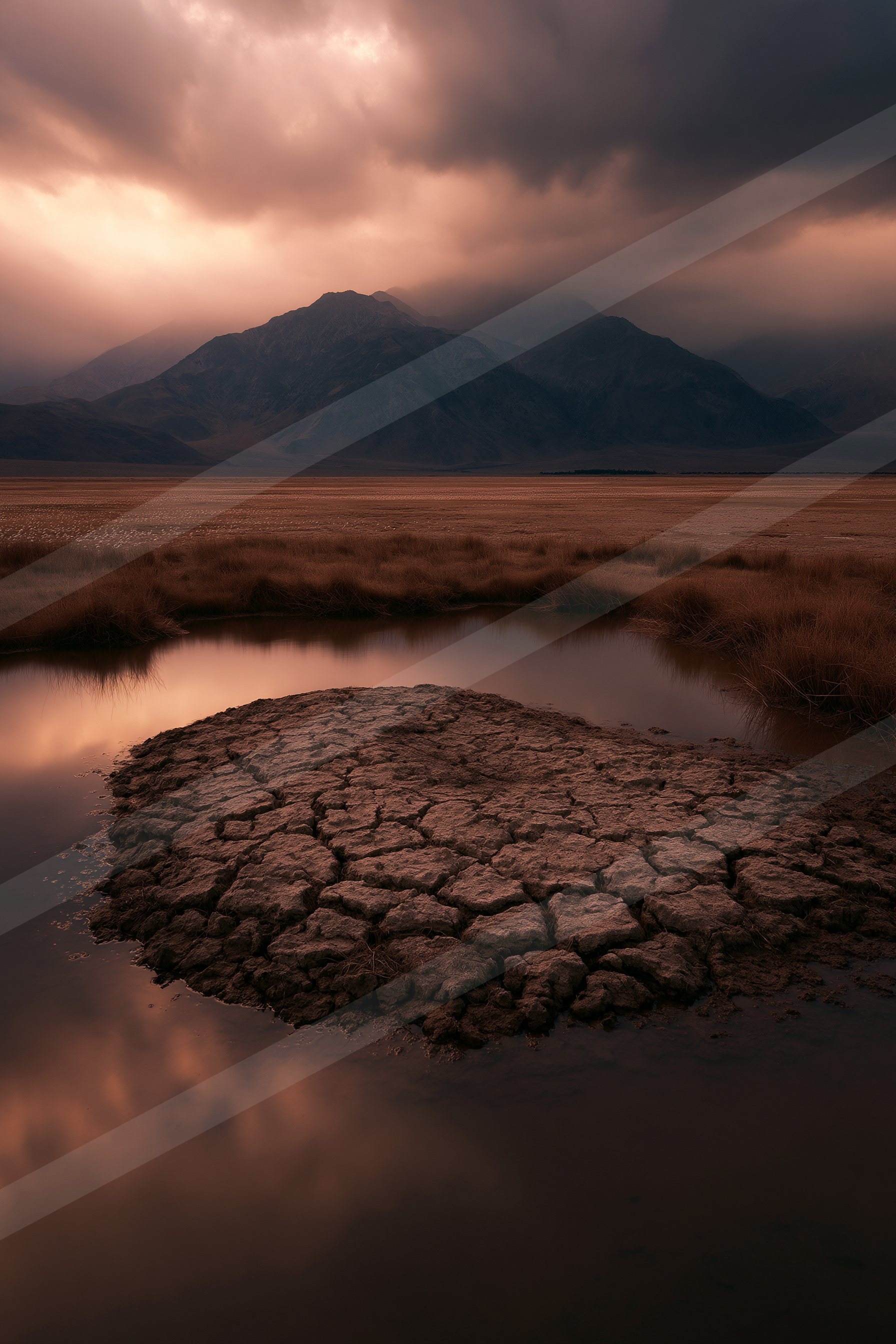 A stark desert landscape featuring a cracked earth mound surrounded by a reflective pool, set against a backdrop of stormy skies and distant mountains.