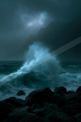 A powerful turquoise wave crashes violently against dark rocks on a stormy coastline, with mist and dramatic dark mountains in the background under heavy clouds