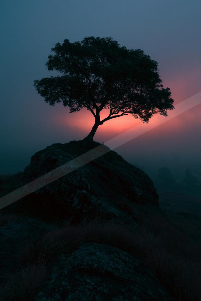 A lone tree silhouetted against a vibrant pink and blue twilight sky, perched atop a large rocky outcrop in a misty landscape.