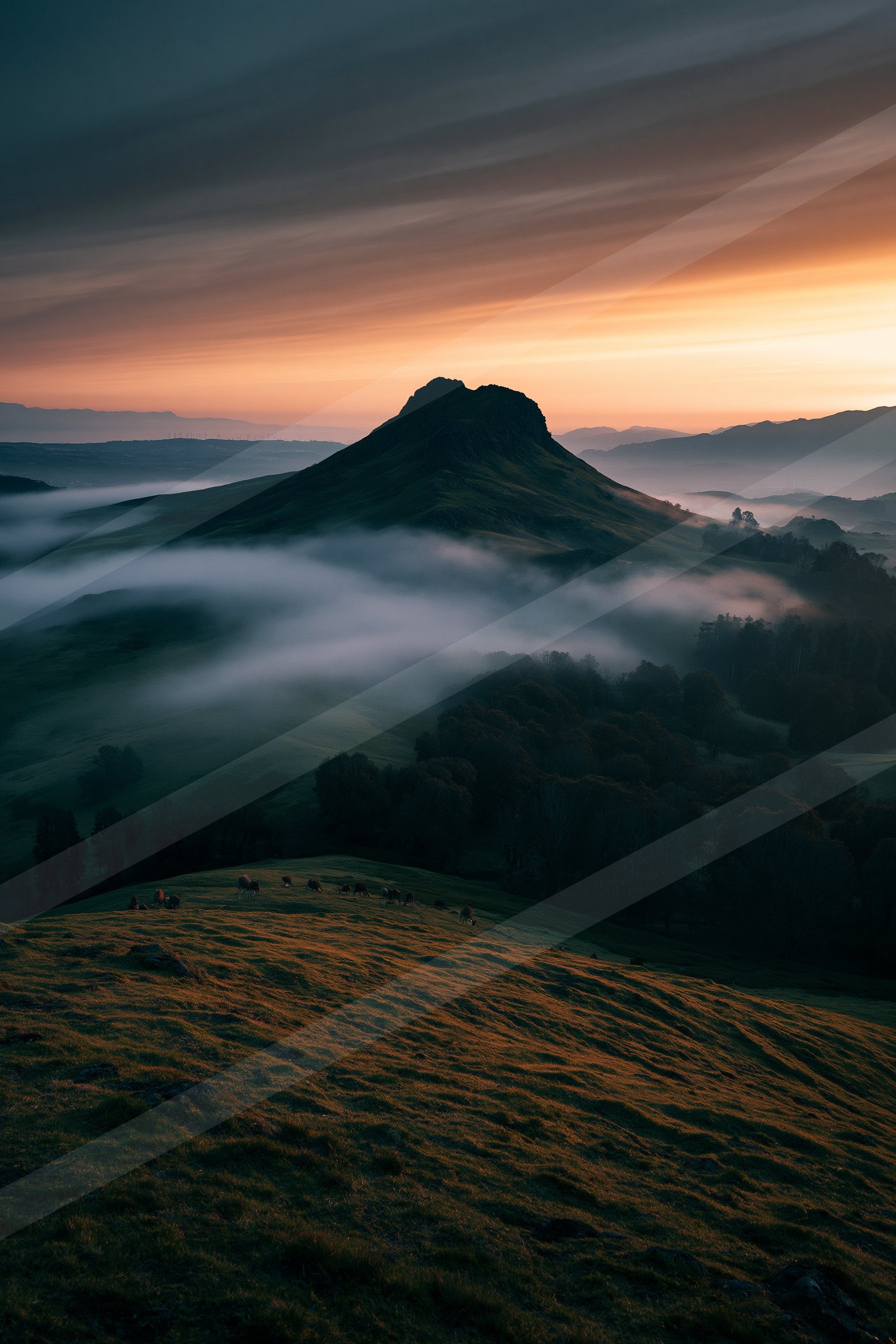 A moody panorama landscape of a rolling hills, fog.