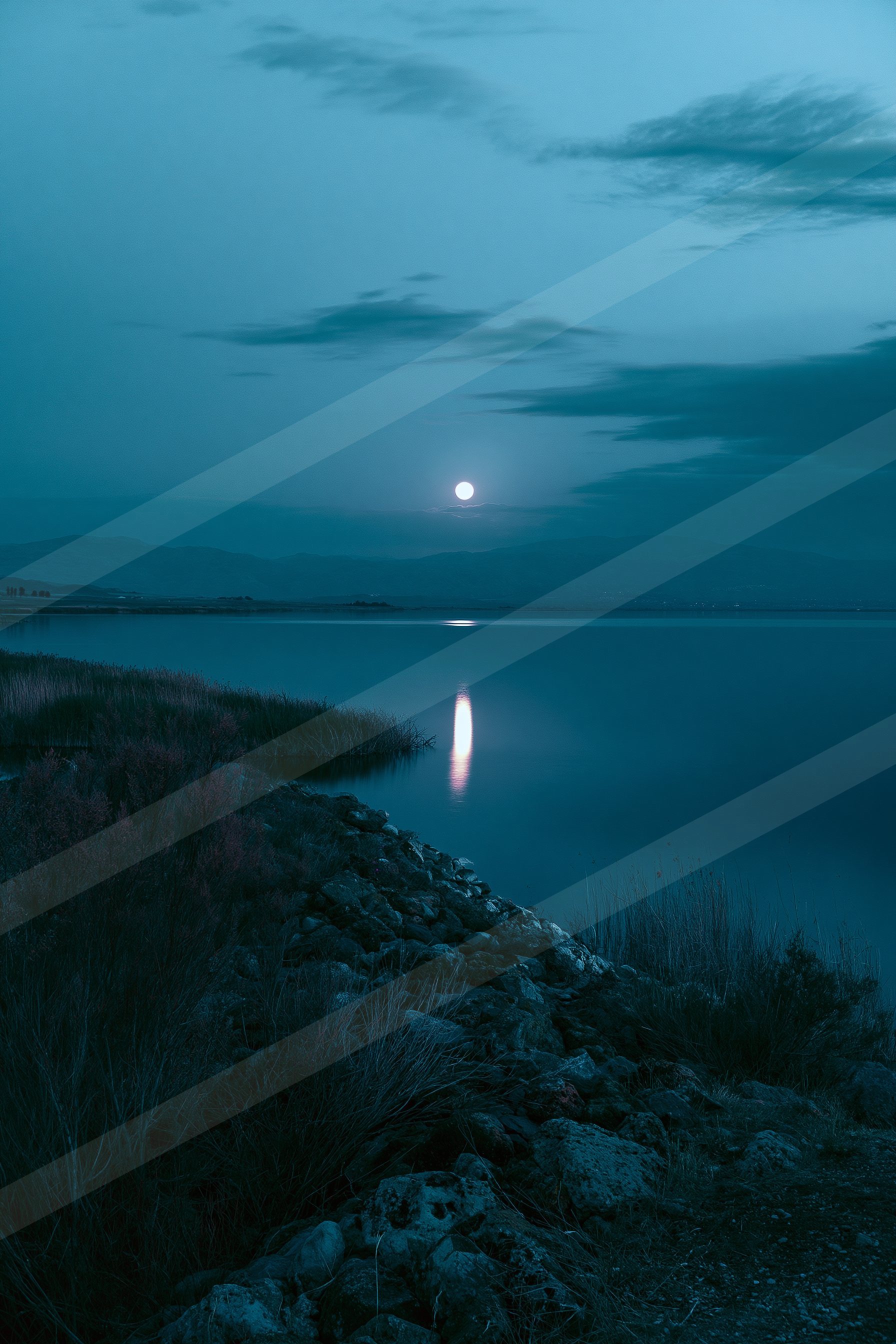 A blue hour long exposure sky scene of a moon, reflection.
