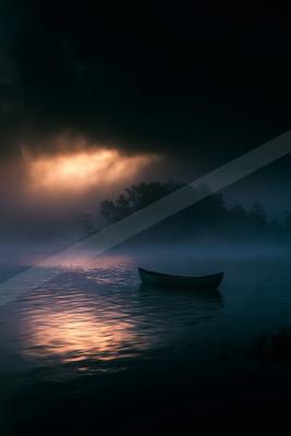 A black-toned moody photograph of canoe, seashore, lakeside.