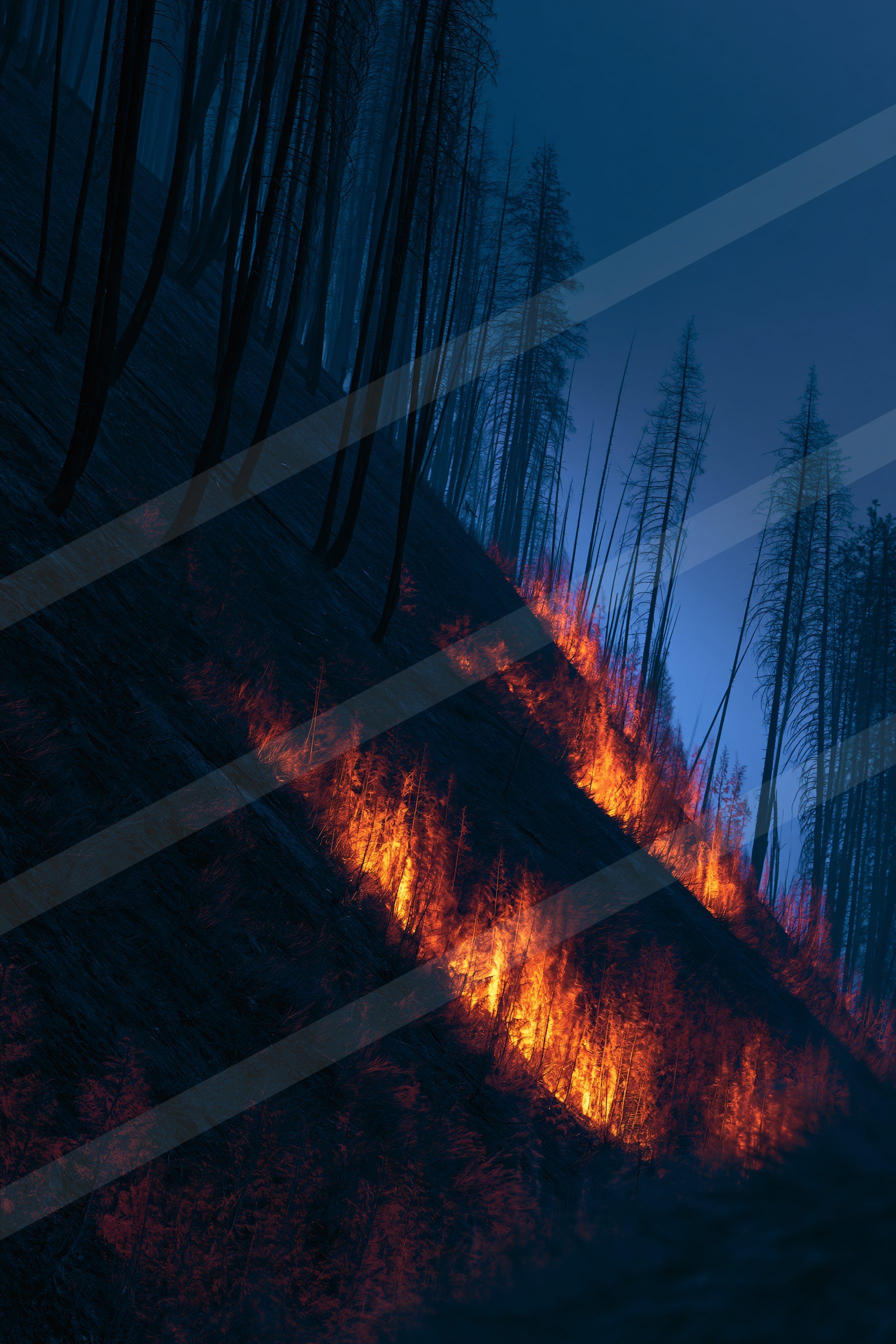 A night landscape of a volcano, fire.