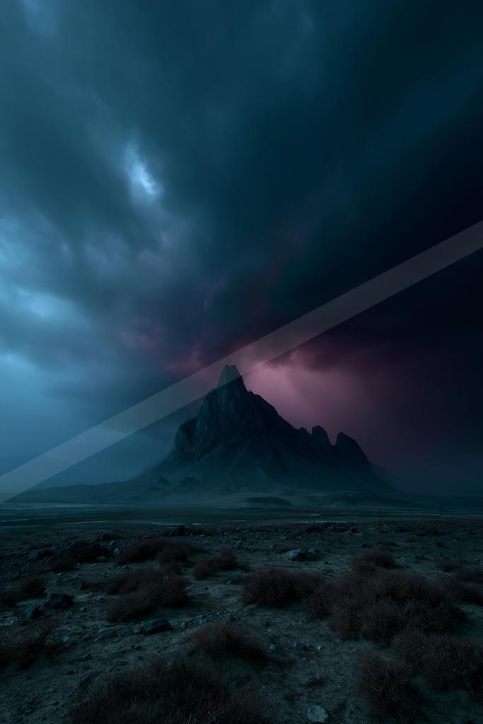 A night long exposure landscape of a volcano, dust.