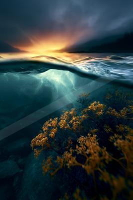 A blue hour long exposure water scene of ocean.