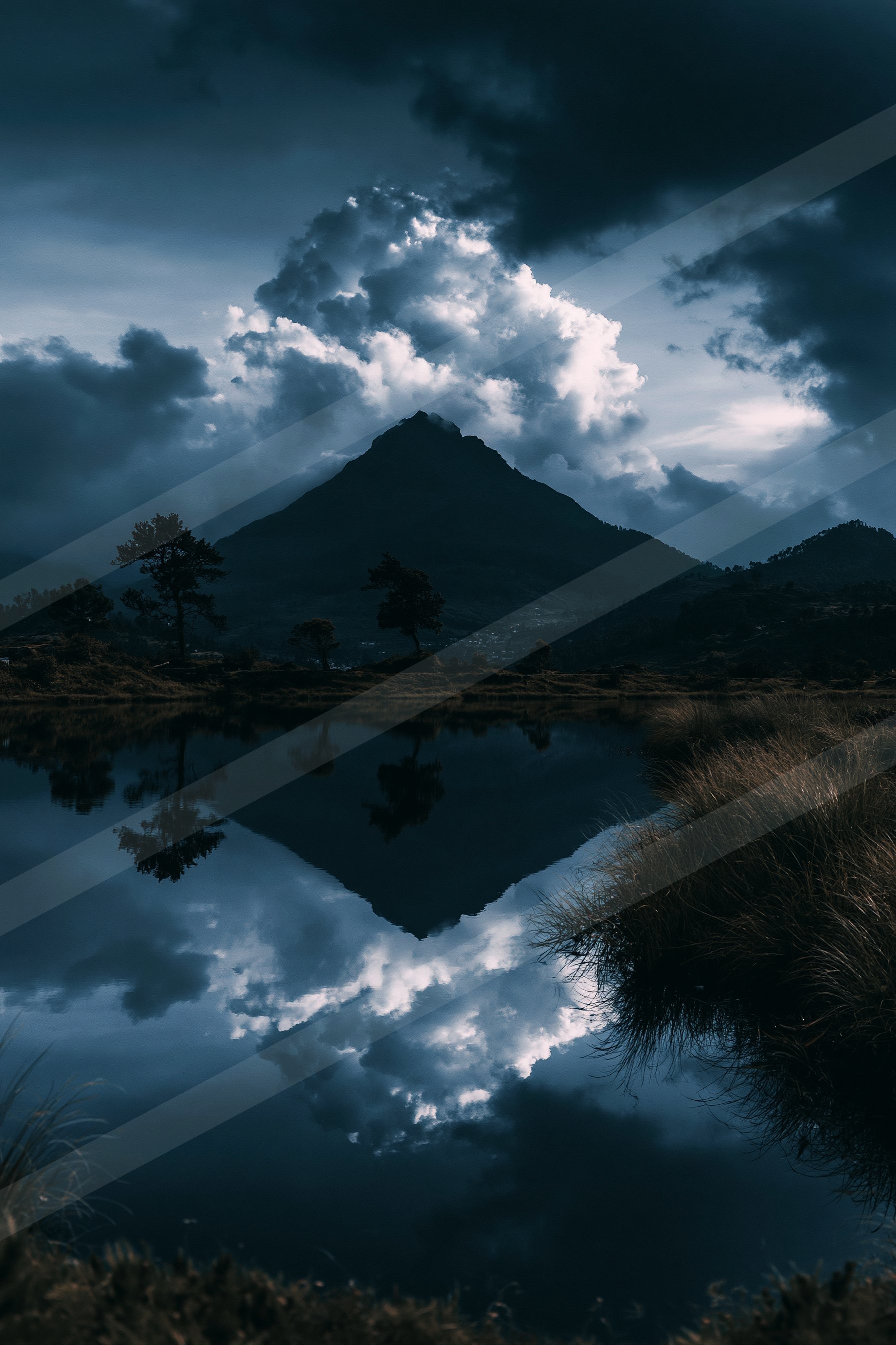 A dark mountain peak rises against a moody sky, mirrored perfectly in the still waters of a lake below. The scene is illuminated by soft light filtering through