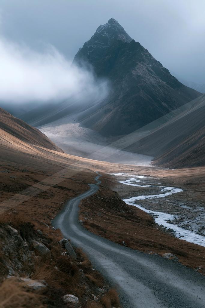 A bright landscape of mountains, valley, road.