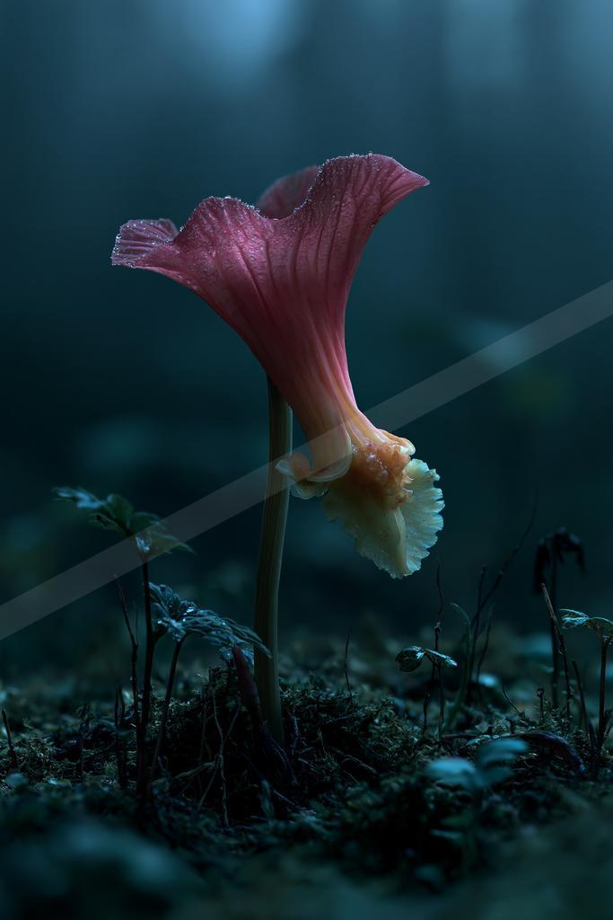 A moody nature scene of flowers, wildlife.