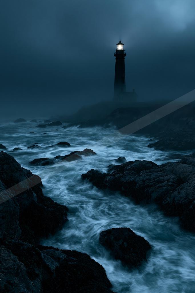 A tall illuminated lighthouse stands on a rocky headland overlooking turbulent ocean waves under a dark, foggy sky.