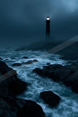 A tall illuminated lighthouse stands on a rocky headland overlooking turbulent ocean waves under a dark, foggy sky.