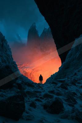 A mysterious negative space landscape of a cave, silhouette.
