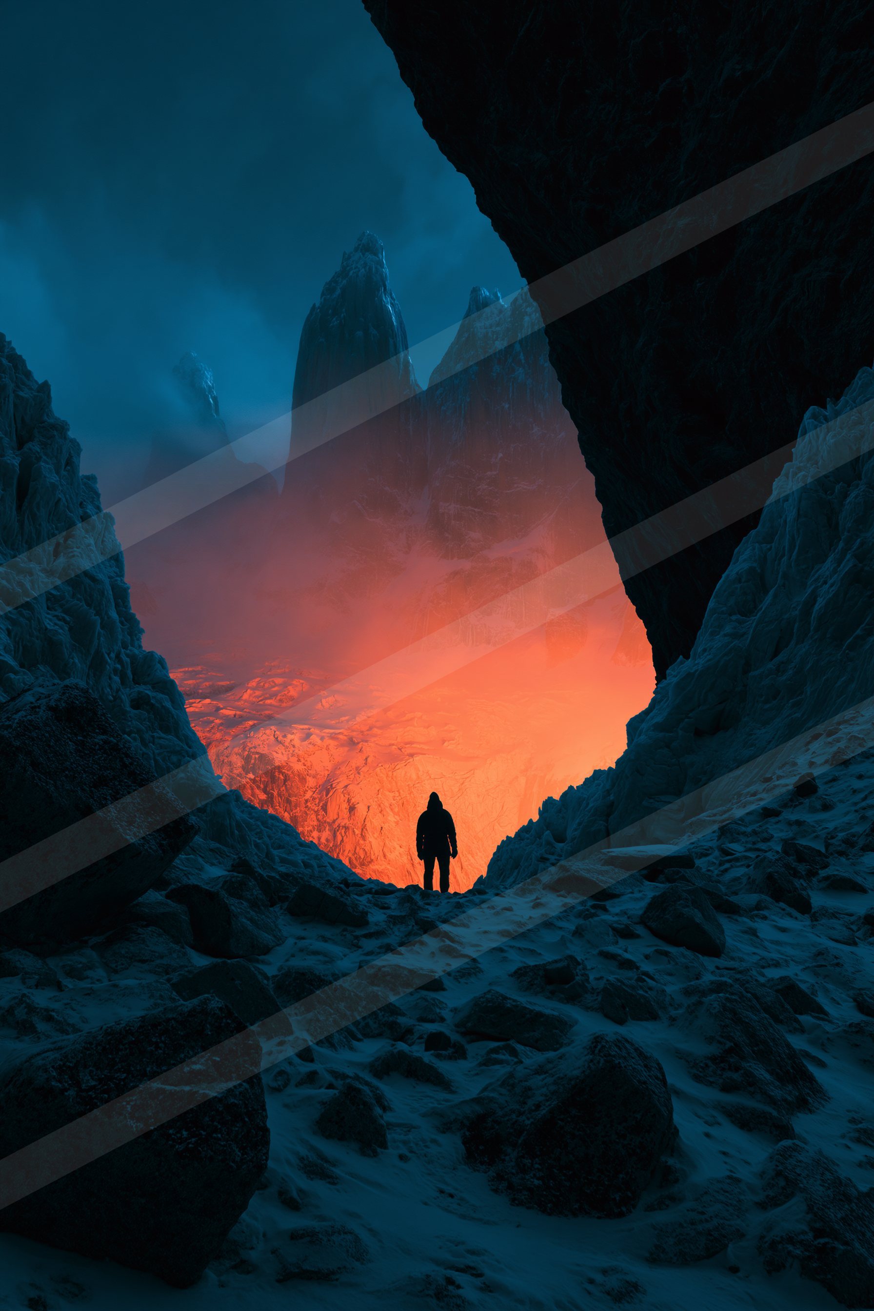 A mysterious negative space landscape of a cave, silhouette.