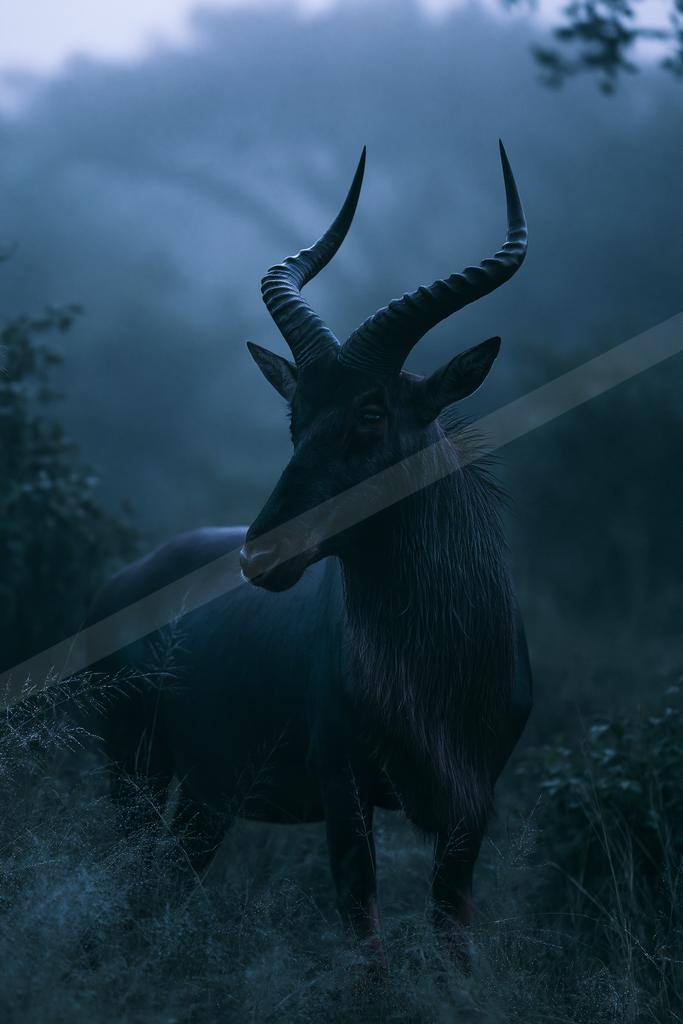 A black-toned moody photograph of hartebeest, impala, gazelle.