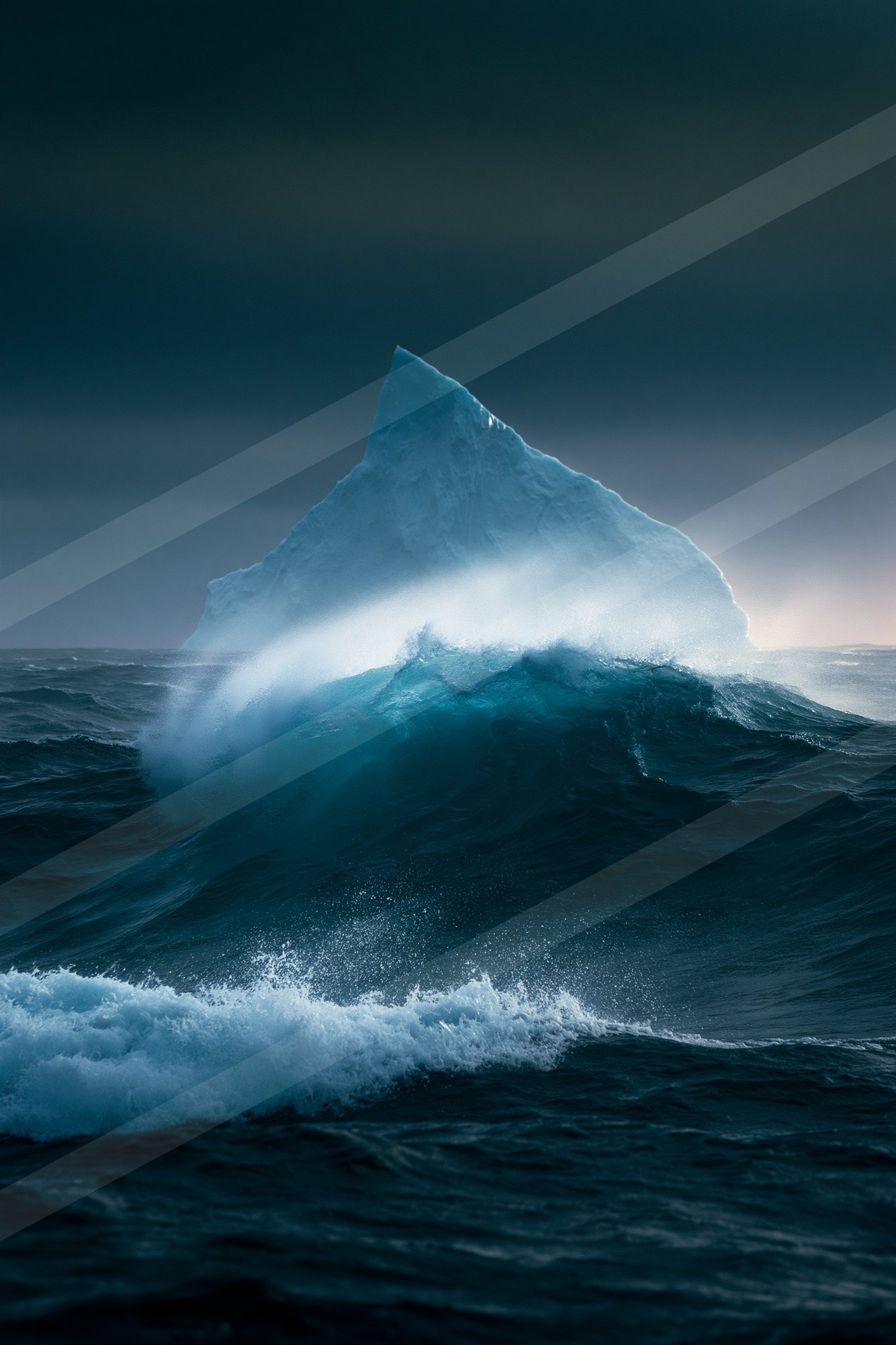 A dramatic water scene of an ocean waves, ice.