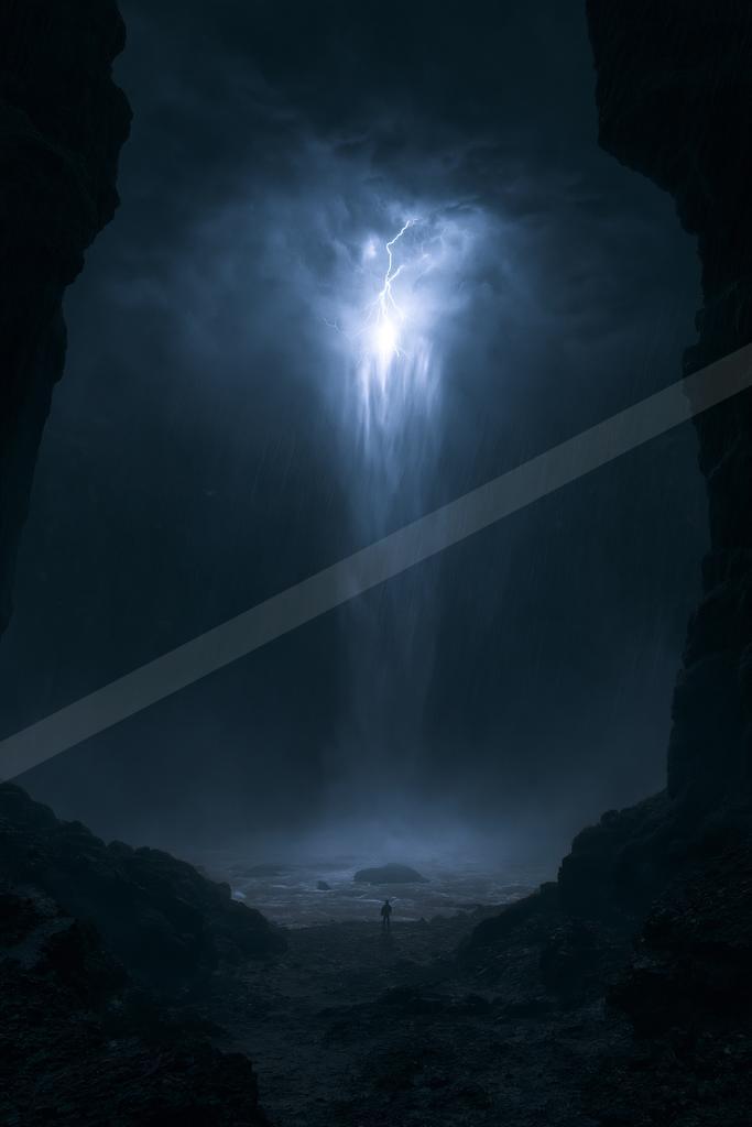 A moody water scene of waterfall, still life.