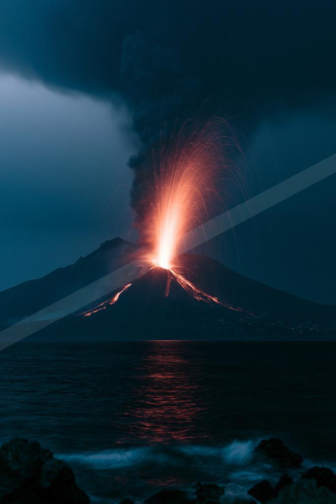 A night landscape of a volcano, fire.