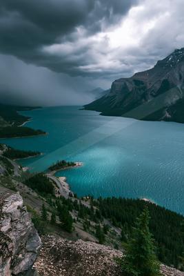 A dramatic water scene of lake, storm.