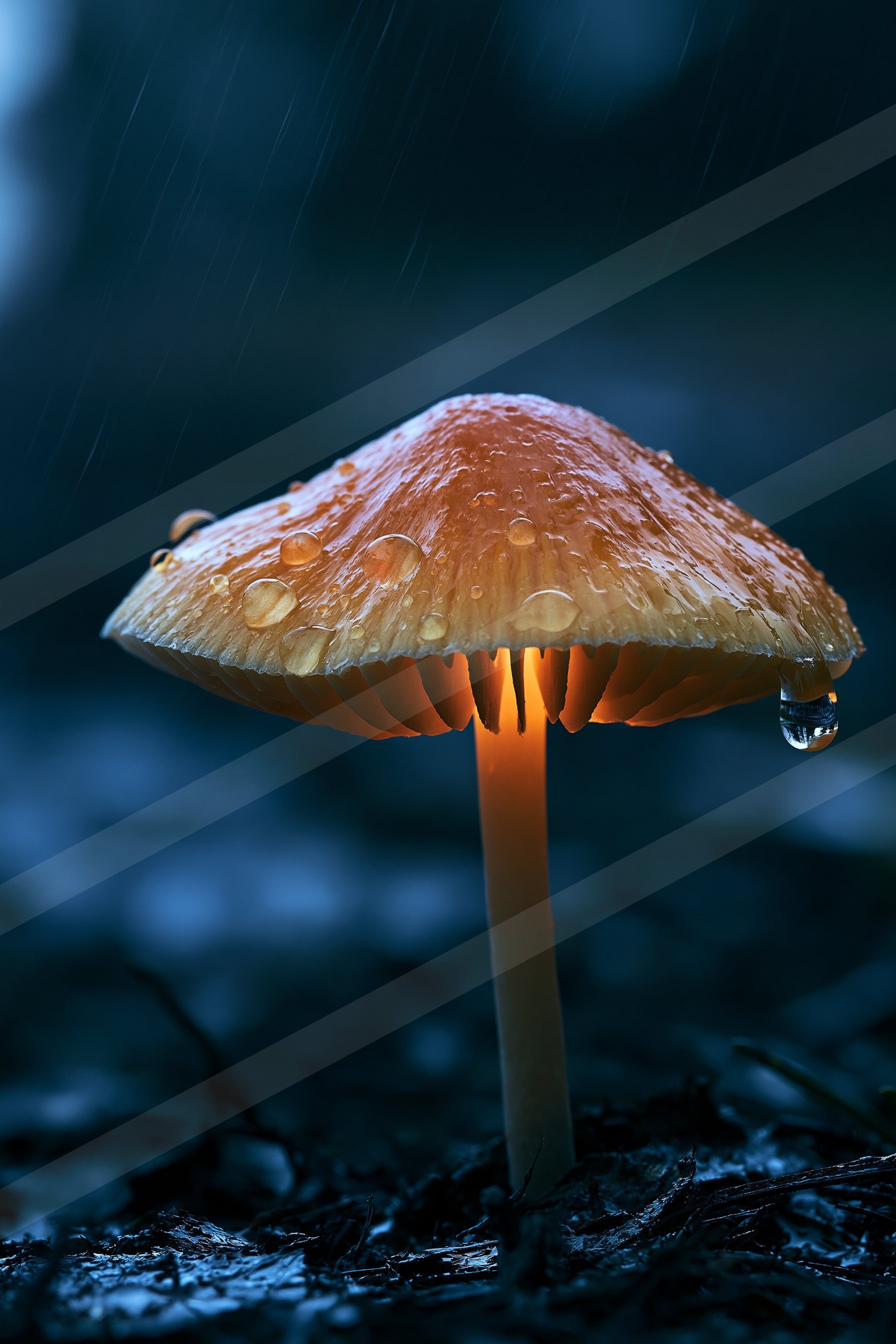 A glowing mushroom covered in raindrops stands out against a dark forest backdrop.