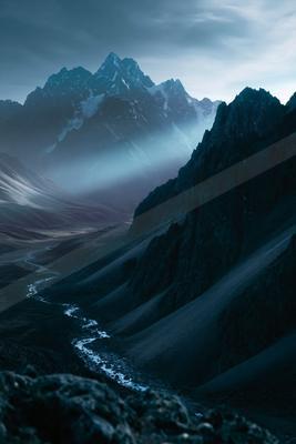 An ethereal panorama landscape of a mountains, dust.
