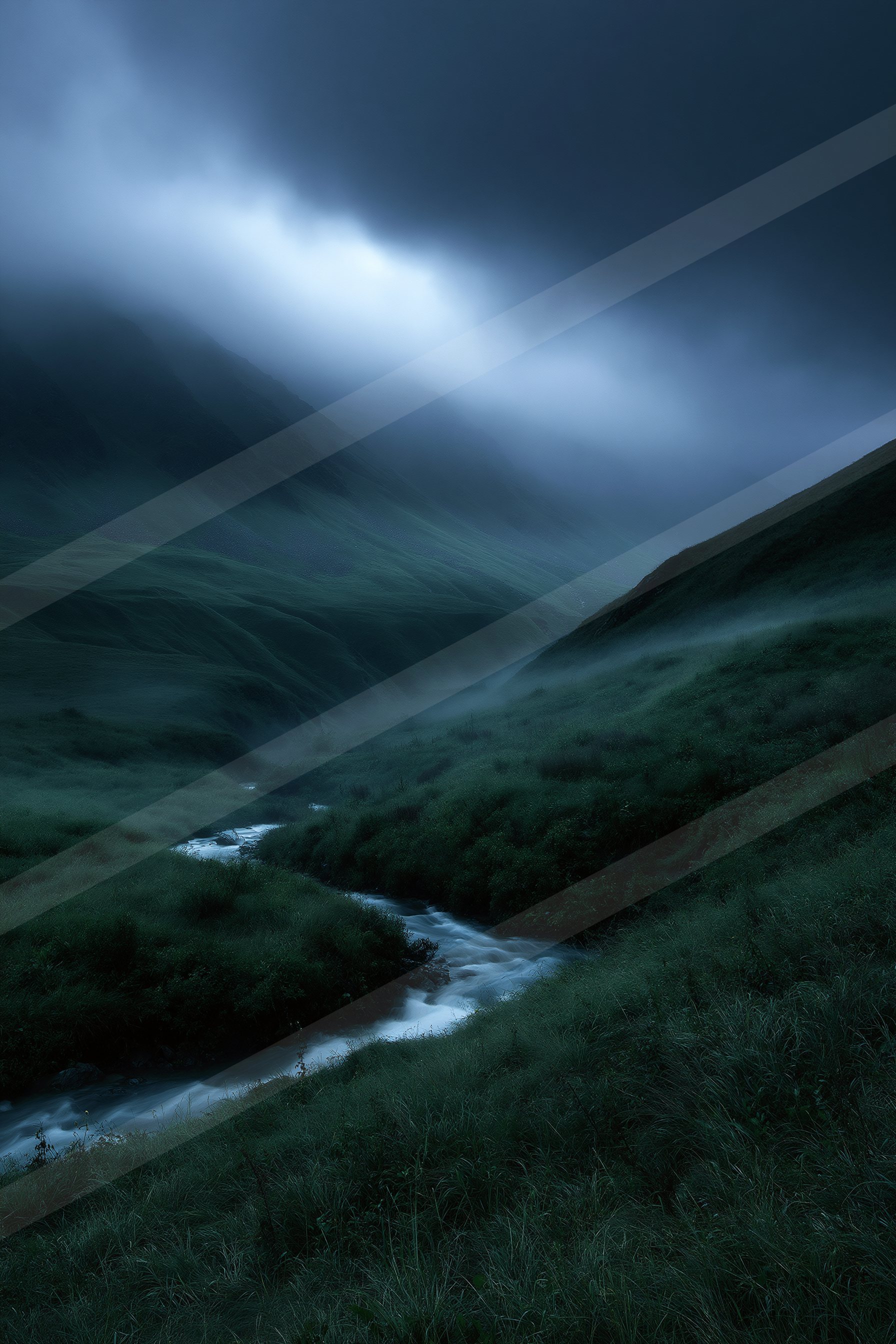 A mysterious long exposure landscape of a rolling hills, fog.