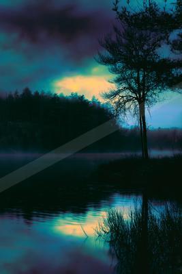 A blue hour water scene of lake.