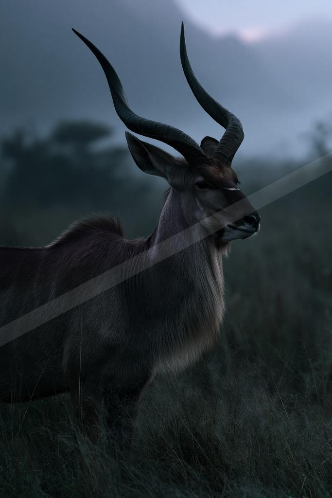 A majestic greater kudu bull with large spiral horns stands in tall grass, looking to the right against a foggy mountainous backdrop.