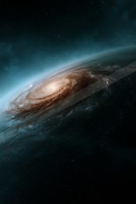 A moody sky scene of galaxy, nebula, planet.