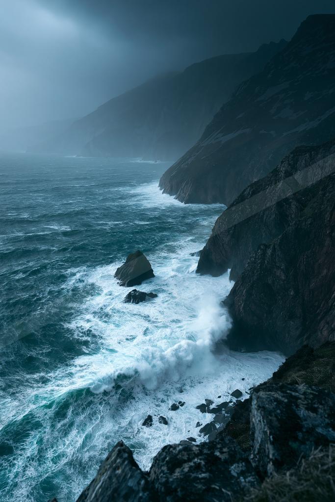 Powerful ocean waves with white foam crashing against dark rocky cliffs under a moody, overcast sky with mist and fog.