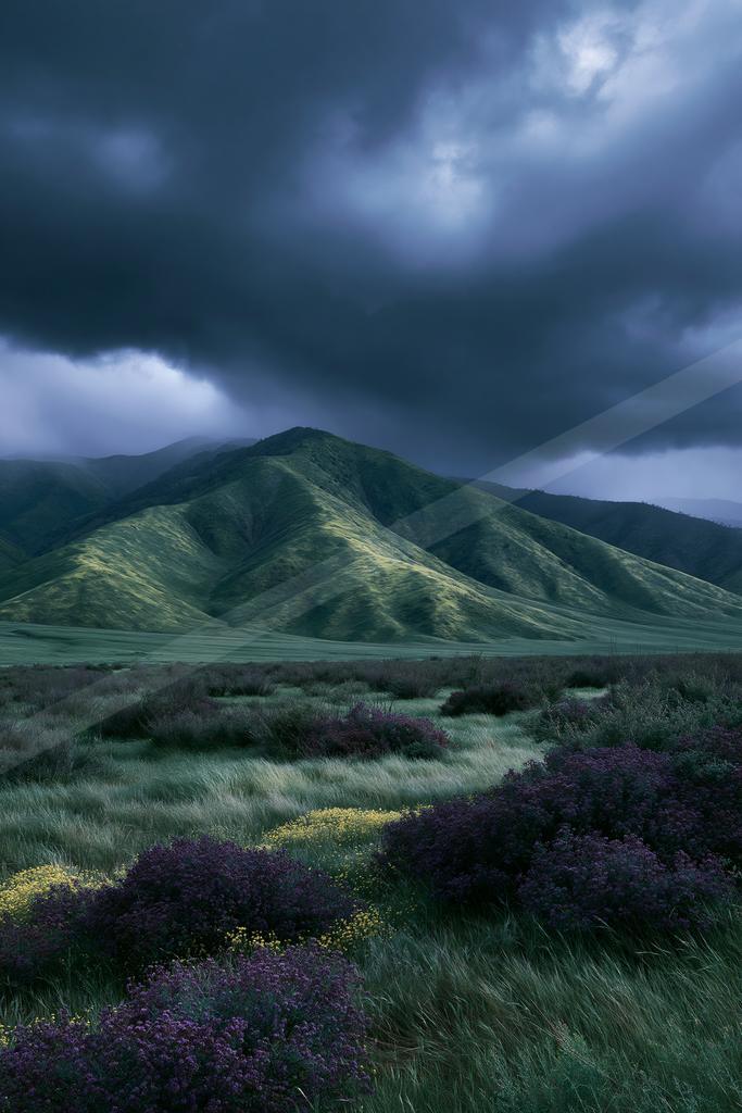 A dramatic landscape of valley, storm, mountains.
