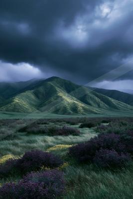 A dramatic landscape of valley, storm, mountains.