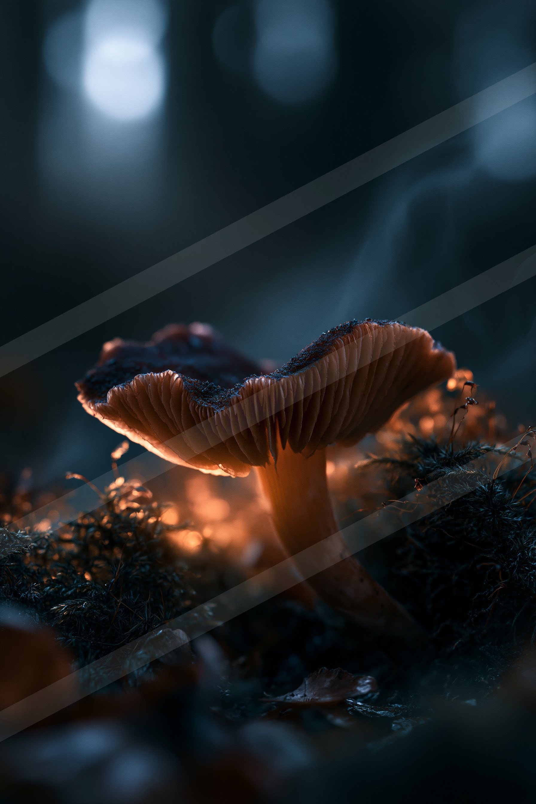 An ethereal macro nature scene of a mushroom, reflection.