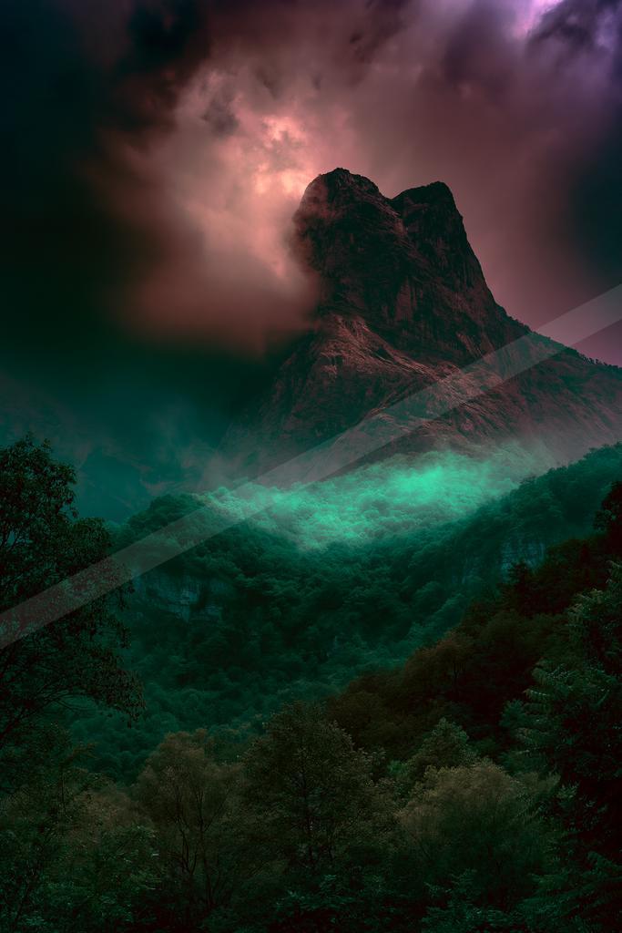 A night landscape of mountains.