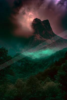 A night landscape of mountains.