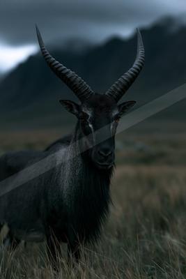 a mountain goat with long curved horns standing in a grassy field under a dark sky at dusk